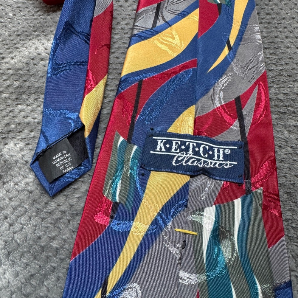 Ketch Classics‎ Mens Abstract Geometric Swirl Necktie Red Blue Yellow Polyester - Picture 4 of 6